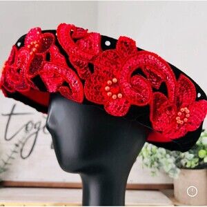 Chic Black and Red Floral Sequin Hat